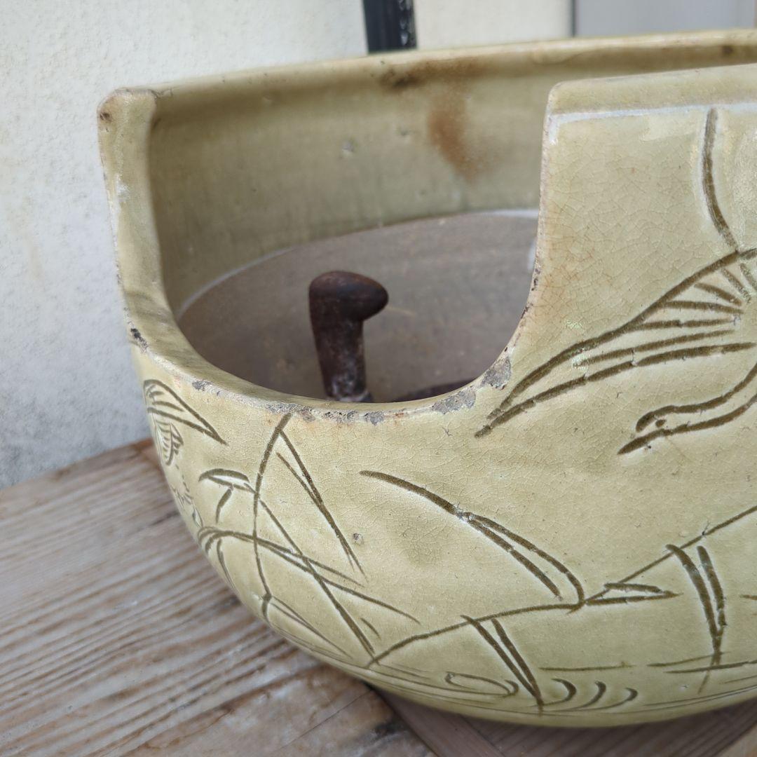 骨董 風炉 黄瀬戸 美濃焼 五徳付 鳥の図 茶道具 茶道 陶器 お点前