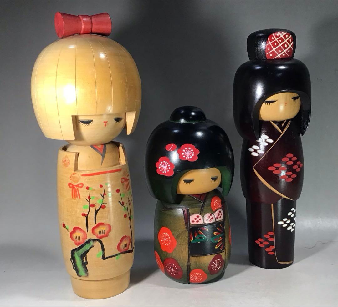お取り置き 3体 創作こけし 少女 着物 花模様 人形 郷土玩具 作家 こけし