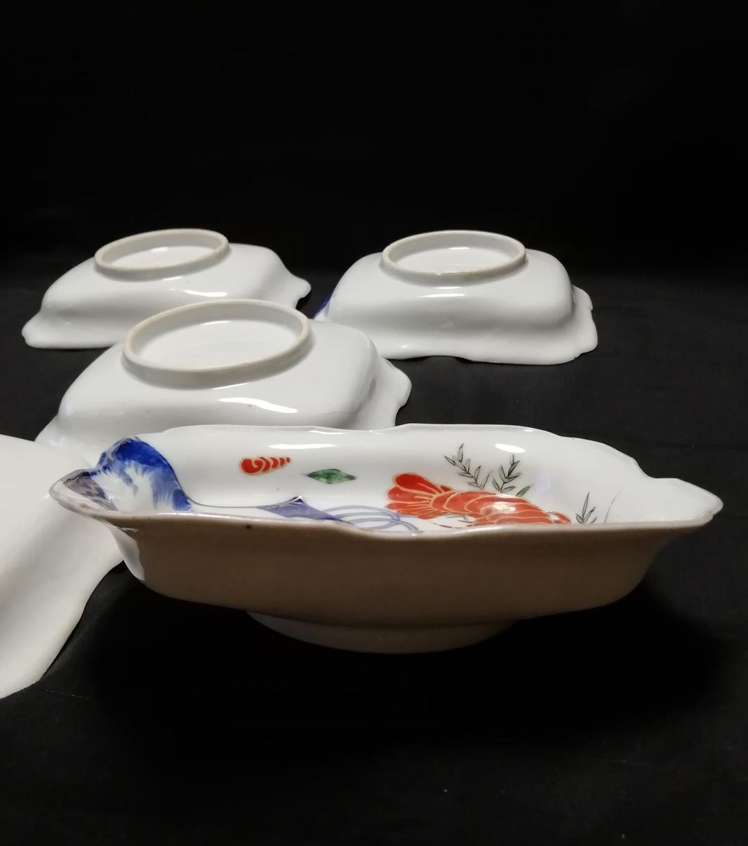 【お値下げ】骨董　古伊万里　江戸時代　色絵向付海老に鶴（五客）　骨董品