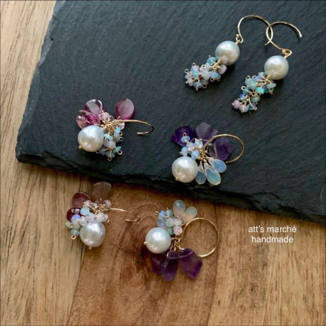 【SALE】カラーオパール（パープル系）×伊勢あこやパールフックピアス ✴︎天然石