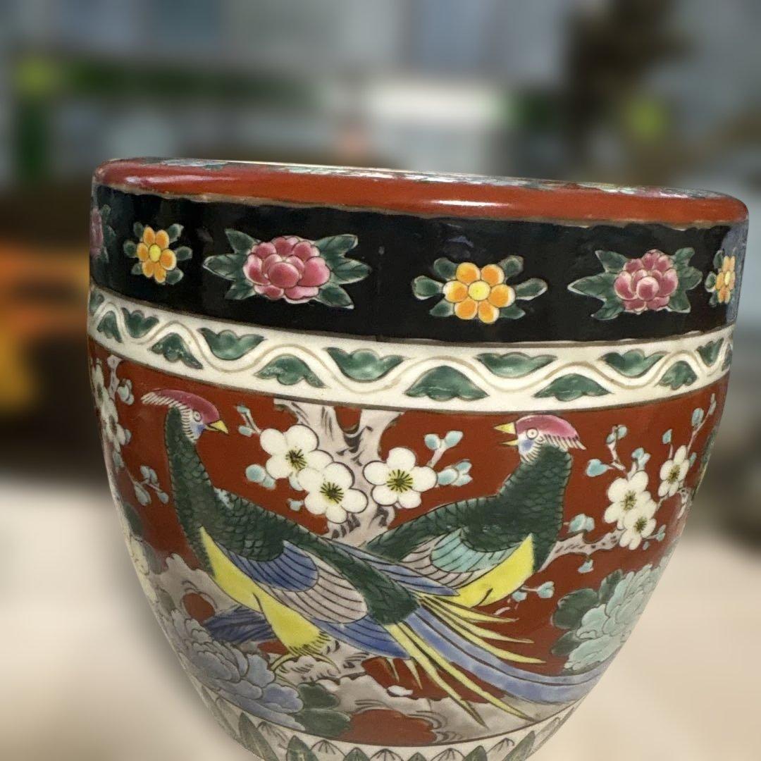 九谷焼 赤絵 小火鉢 花唐草文様 昭和レトロ