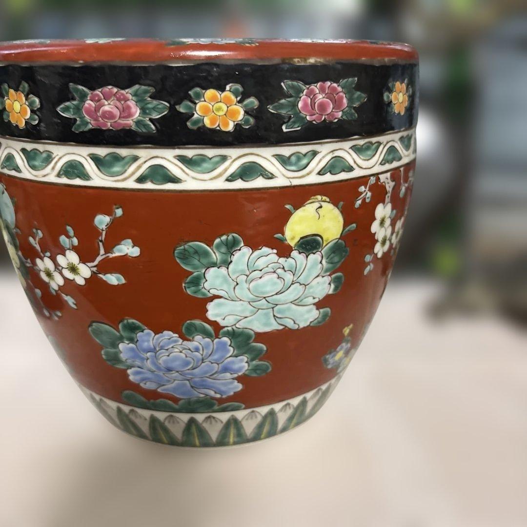九谷焼 赤絵 小火鉢 花唐草文様 昭和レトロ