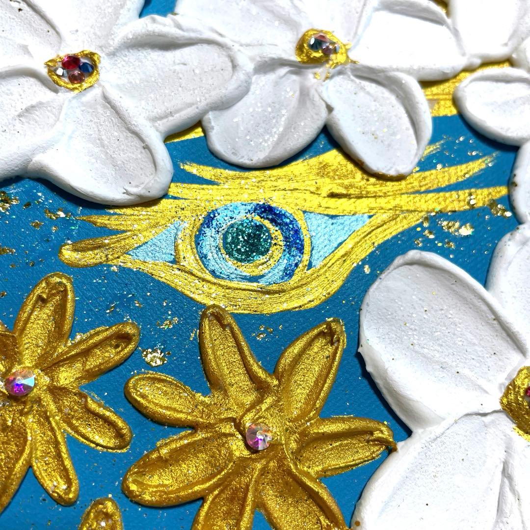 開運絵画　龍神様の眼　拡大のエネルギー　ターコイズブルー　花と龍神様　金箔