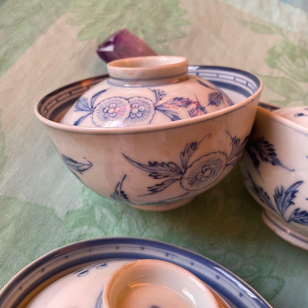 古伊万里　染付　蓋付飯茶碗　5客