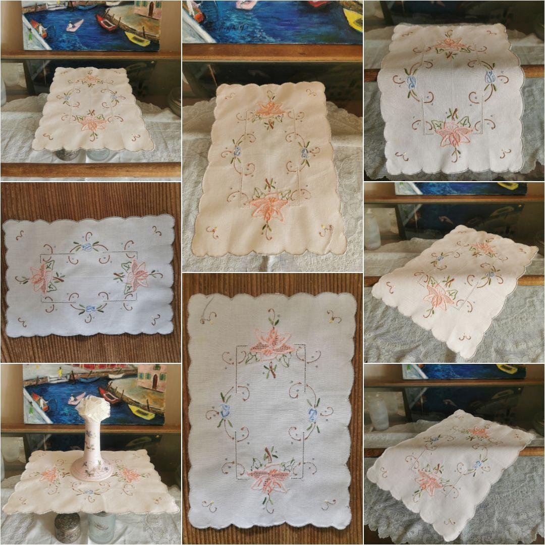 ヴィンテージ/アンティーク フランス ピンク薔薇 水色の蕾 色糸刺繍リネンクロス