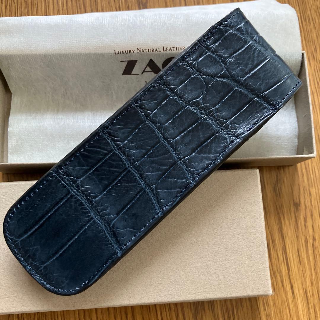 新品未使用　ZAO 高級クロコダイル　天然皮革 ペンケース　ネイビー