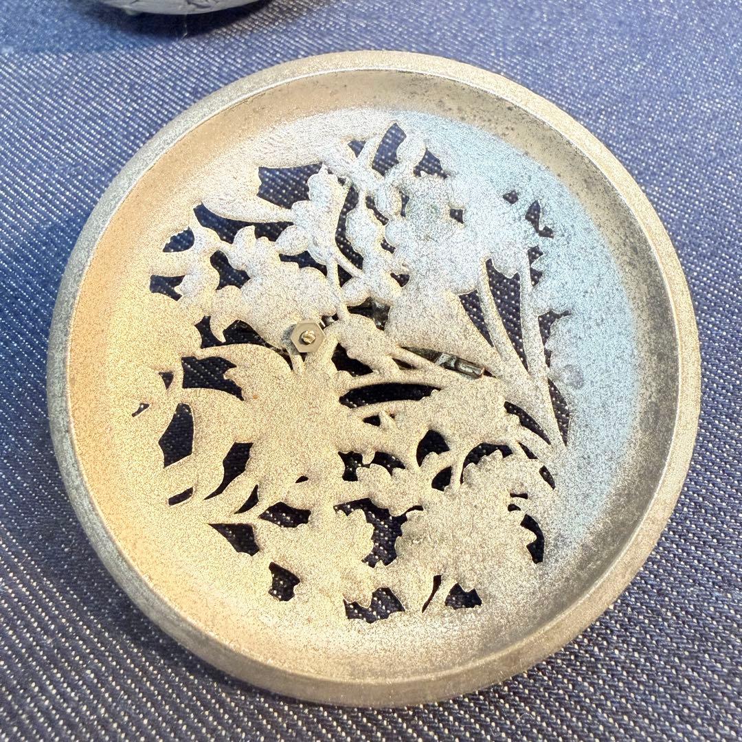 純錫製 香炉 錫栄 鳳凰透かし 浮彫 四季草花文 重厚555g 未使用保管品