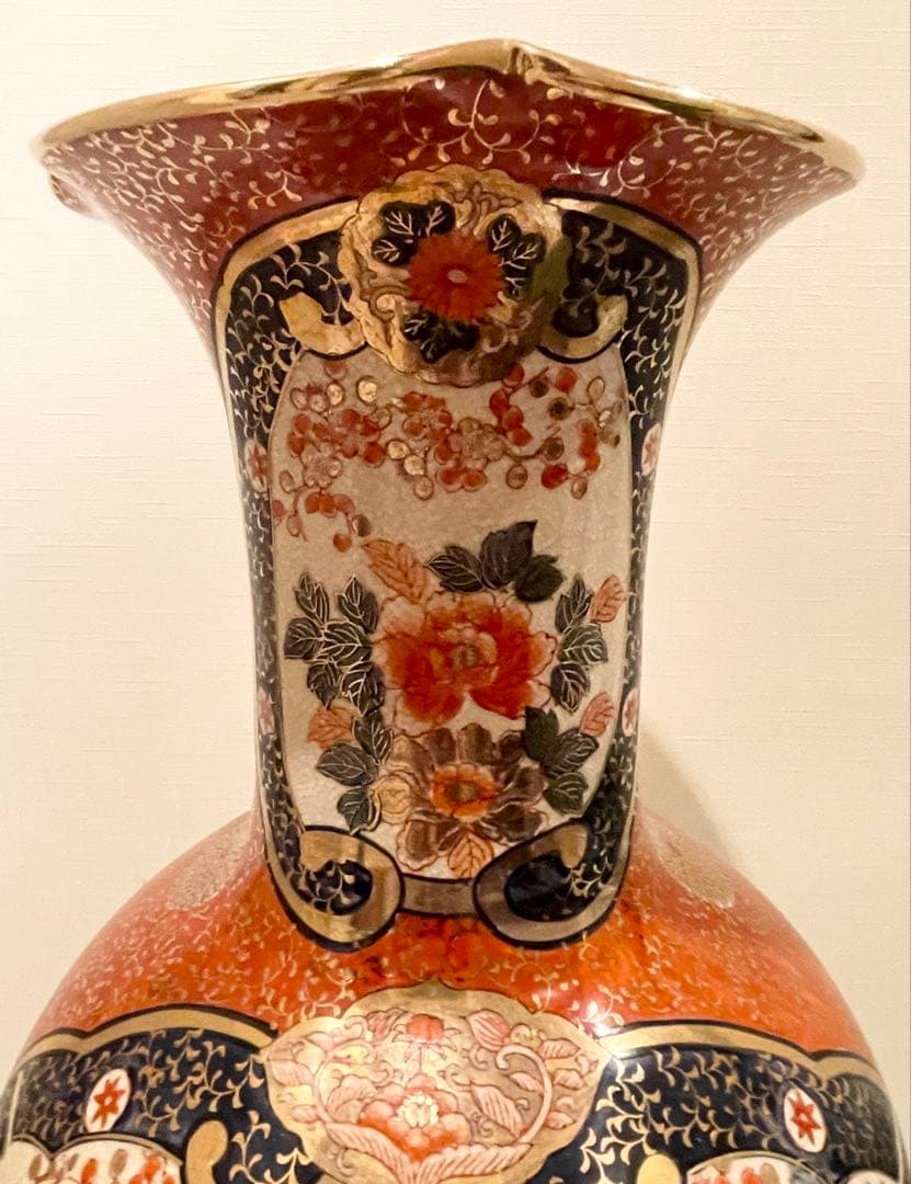 九谷焼 伊万里 陶月 梅牡丹孔雀獅子図金襴手 大花瓶 高さ約76cm