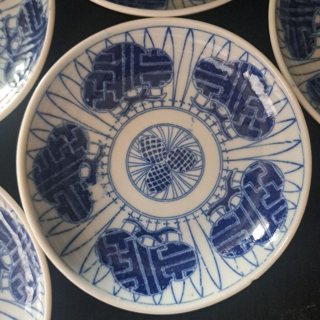 「華麗なデザイン 松と松ぼっくり」 印判小皿(直径11cm)5客セット 骨董アン