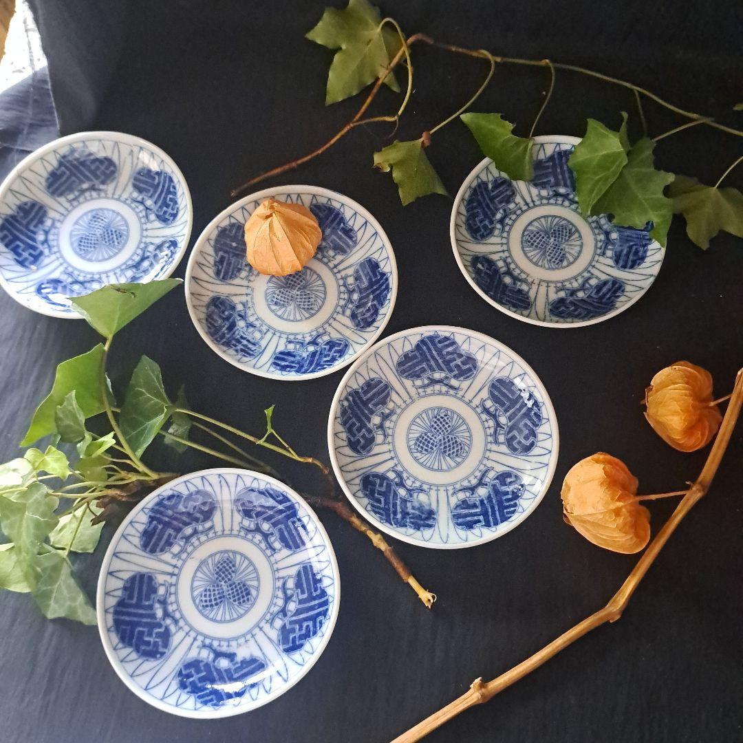 「華麗なデザイン 松と松ぼっくり」 印判小皿(直径11cm)5客セット 骨董アン