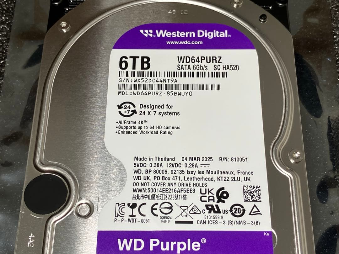 WD 6TB パープル 監視カメラ用HDD
