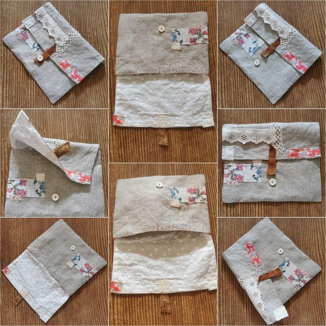 ハンドメイド✃アンティークリネン＆フレンチファブリック 手帳入れ 蓋＆革付ケース