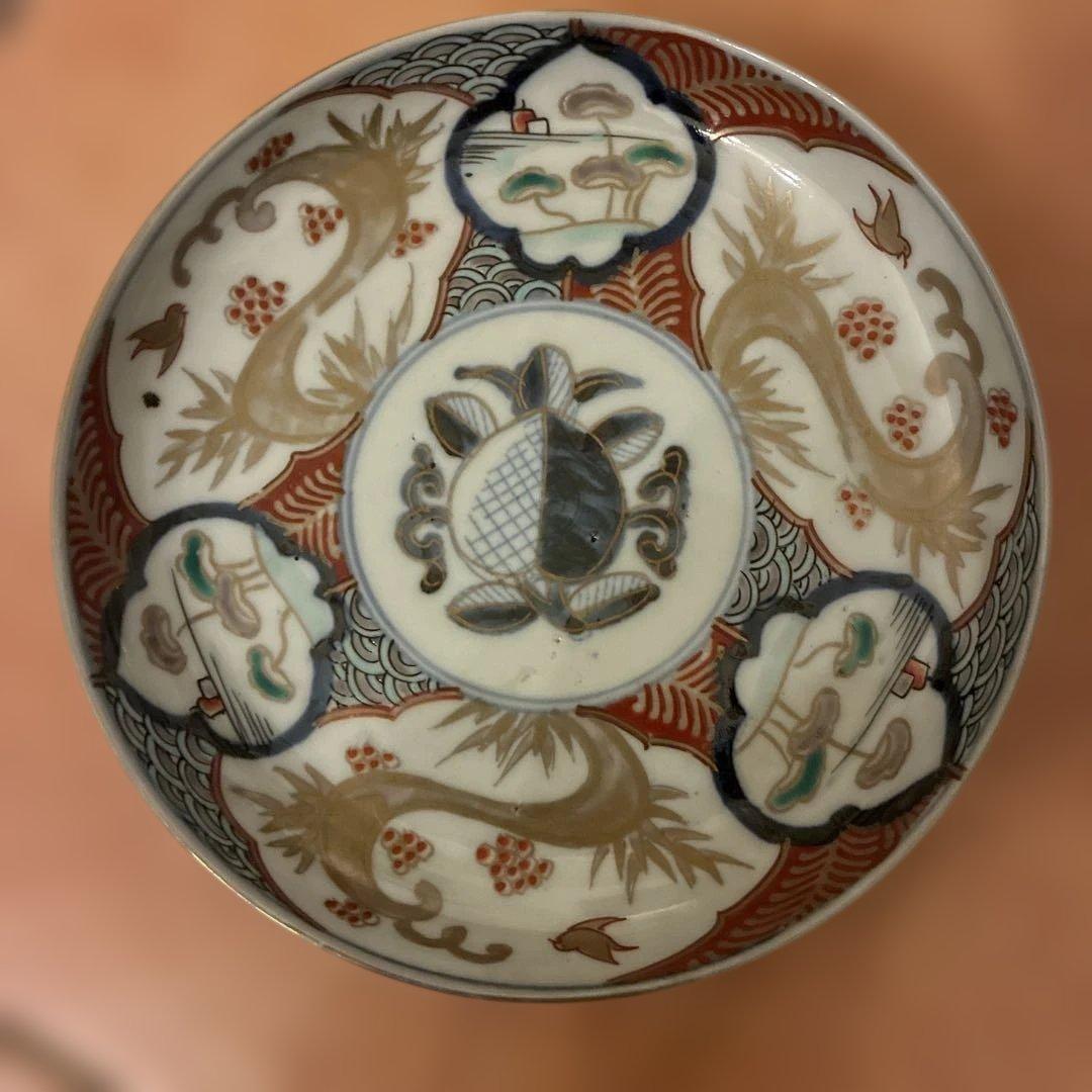 【美品・黒点有り】 7 古伊万里 金蘭手 見込桃 角冨印 時代物