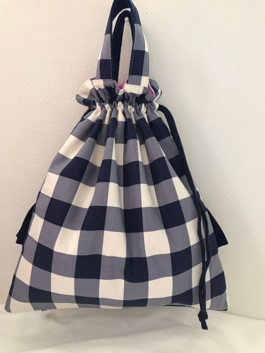47ハンドメイド フリル巾着 レッスンバッグ フリルバッグ　体操服袋　紺チェック