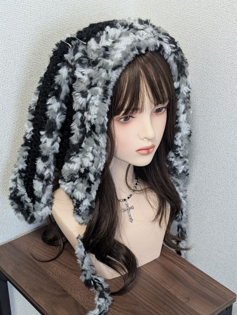 ハンドメイド うさ耳 ニット帽 ネコ耳 ボンネット ブラック