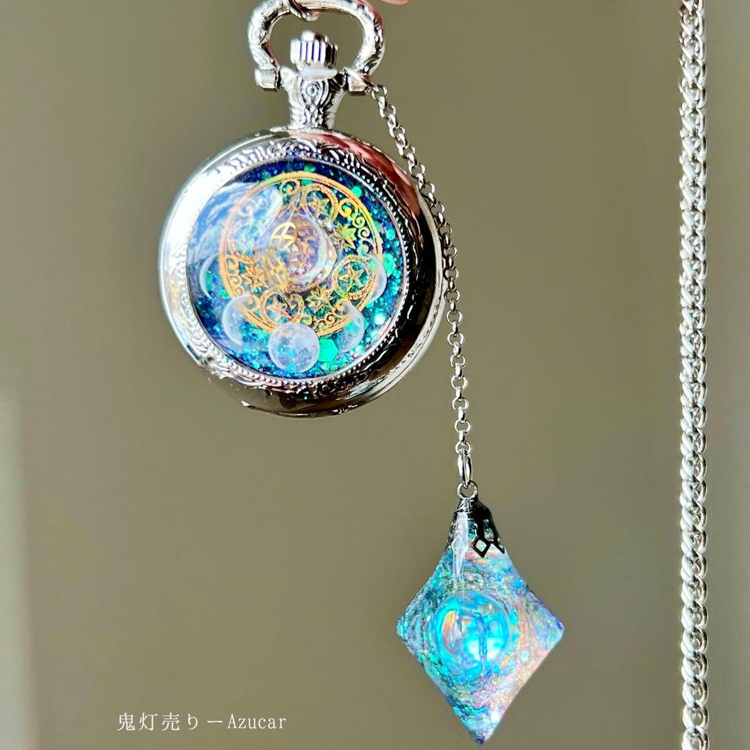 【蓄光】ルナフラッシュ入り八面体懐中時計｜歯車×蒼宇宙｜電池交換可 5cm