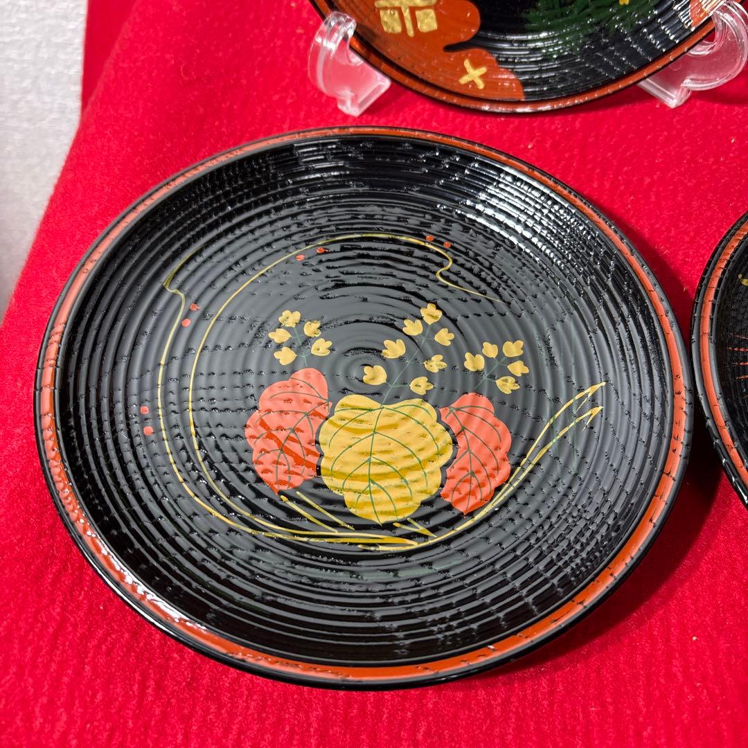 未使用　平安象彦　銘々盆　茶道具　漆器　皿　絵変わり　5枚組