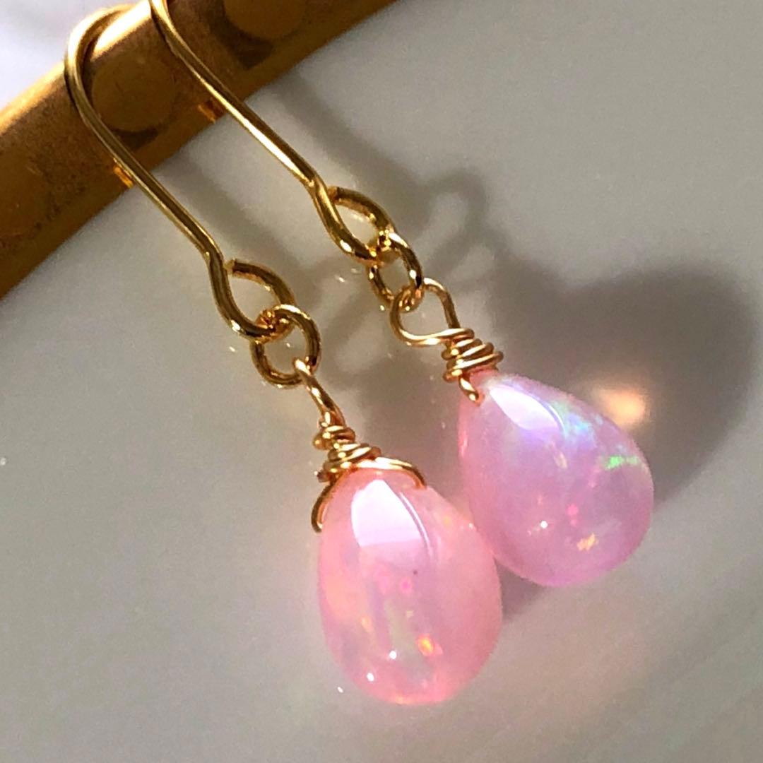 和兎様　天然石♡J大粒♡極上桜オパール1粒ピアス14kgf