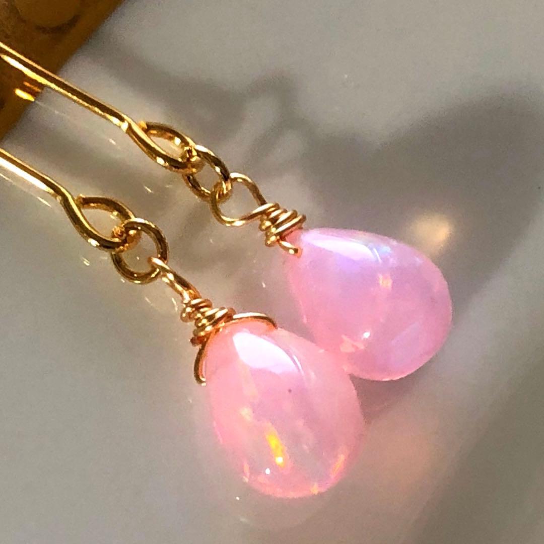 和兎様　天然石♡J大粒♡極上桜オパール1粒ピアス14kgf