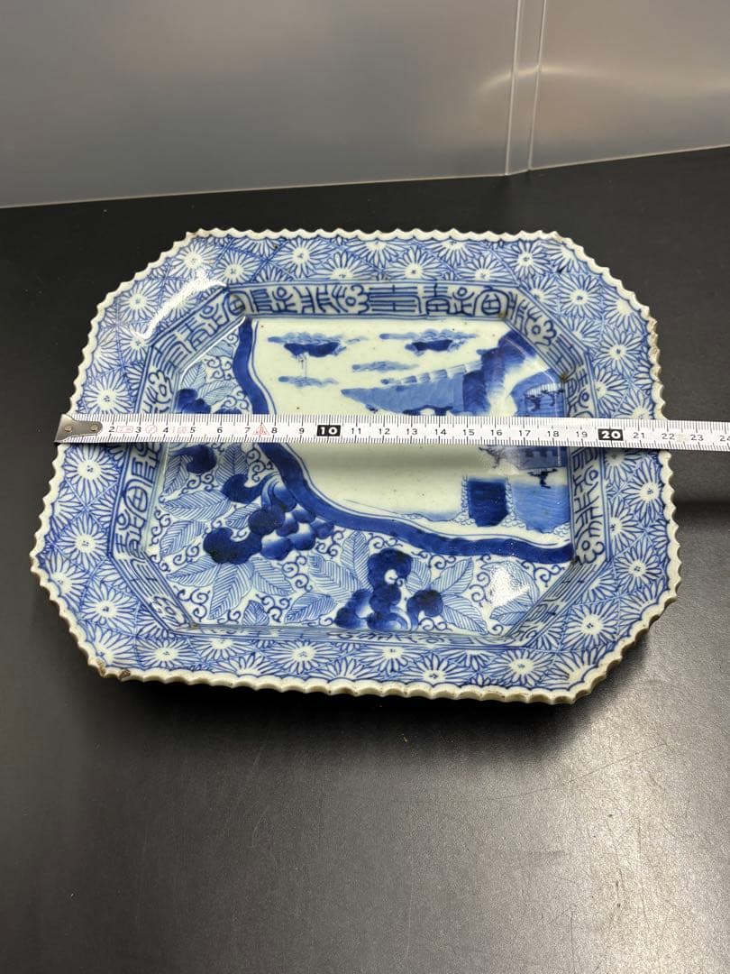 古伊万里 江戸期 染付山水文隅切長角皿 幕末 成化年製 手描き オールドイマリ