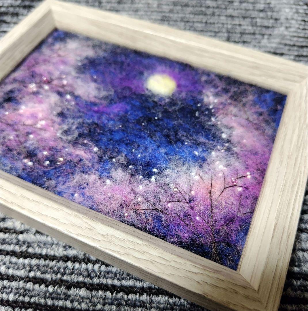 羊毛フェルト　ハンドメイド　フレーム　刺繍　絵画　月桜