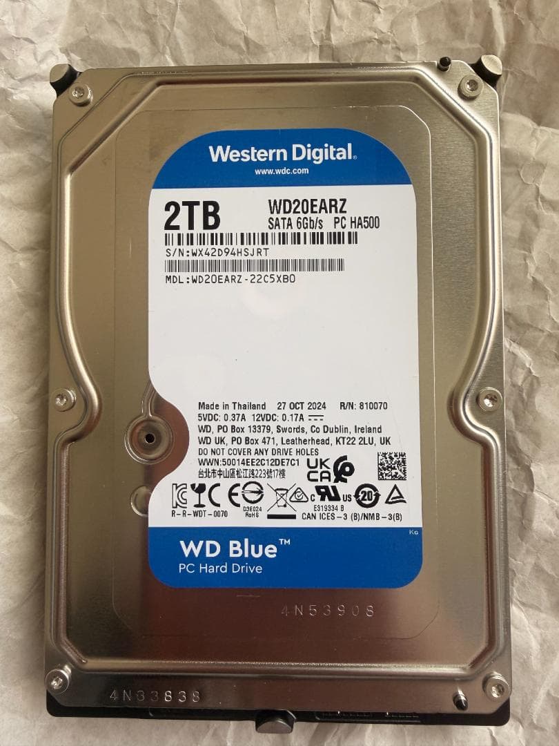 新近 WD20EARZ 2TB HDD 202410年製造 使用時間4