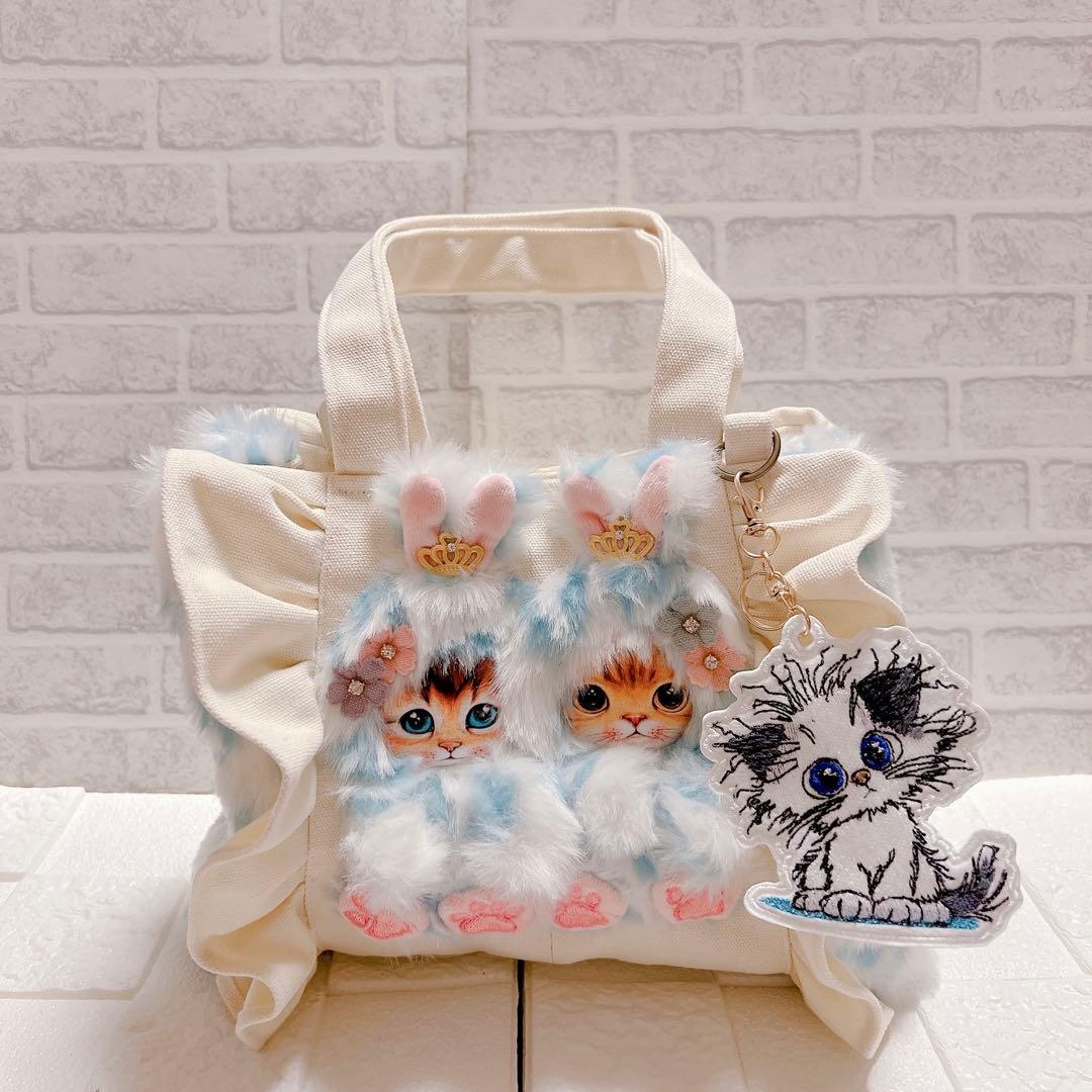 コヤンイサムチョン フリルトートバッグ 猫 帆布 アイボリー 2にゃんこ