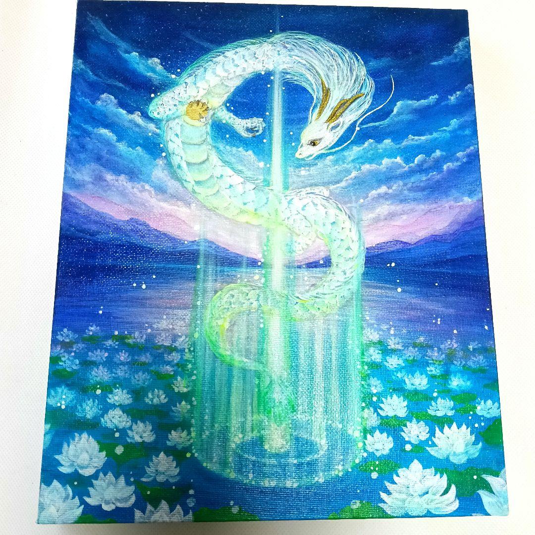 No.504 F3キャンバス　 原画　光の柱　蓮　龍神絵画　開運絵画　白龍