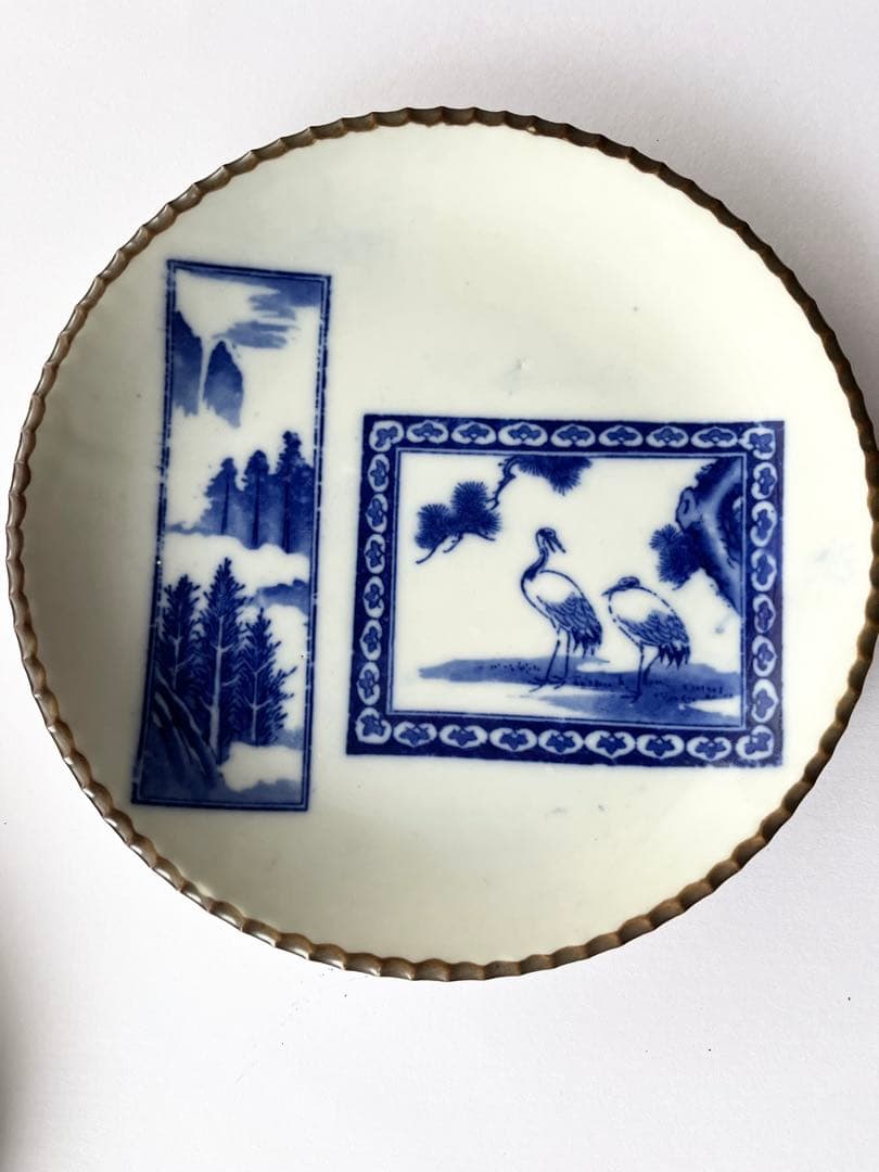 古道具 染付印判皿 6客セット 鶴と松 窓絵 時代和食器 22cm