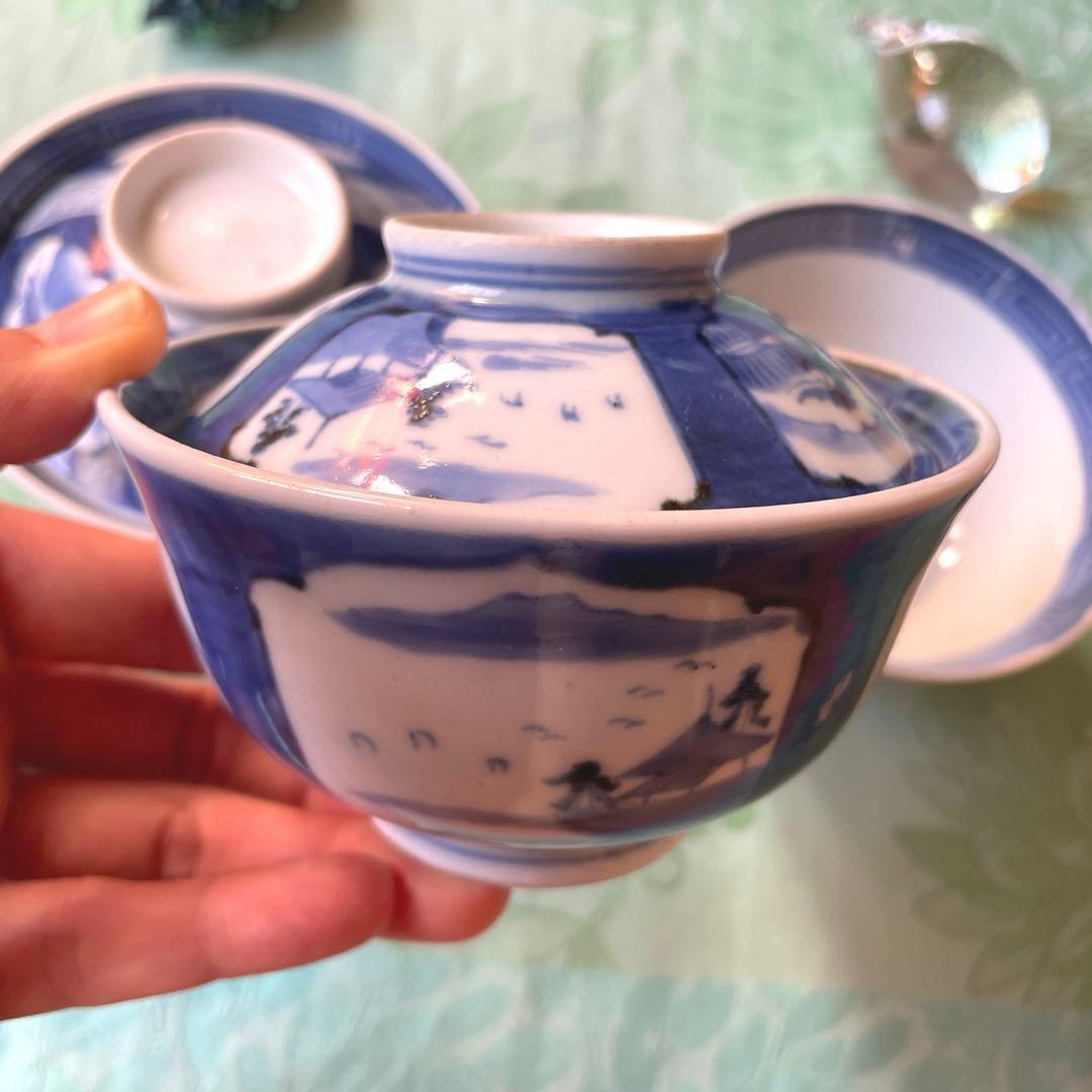 古伊万里　染付　墨弾き　蓋物　3客