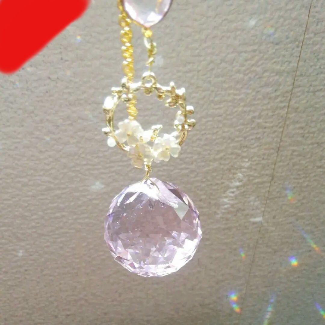 サンキャッチャー♡ハンドメイド「ピンクのステンドグラス♡ネコฅ•ω•ฅ」