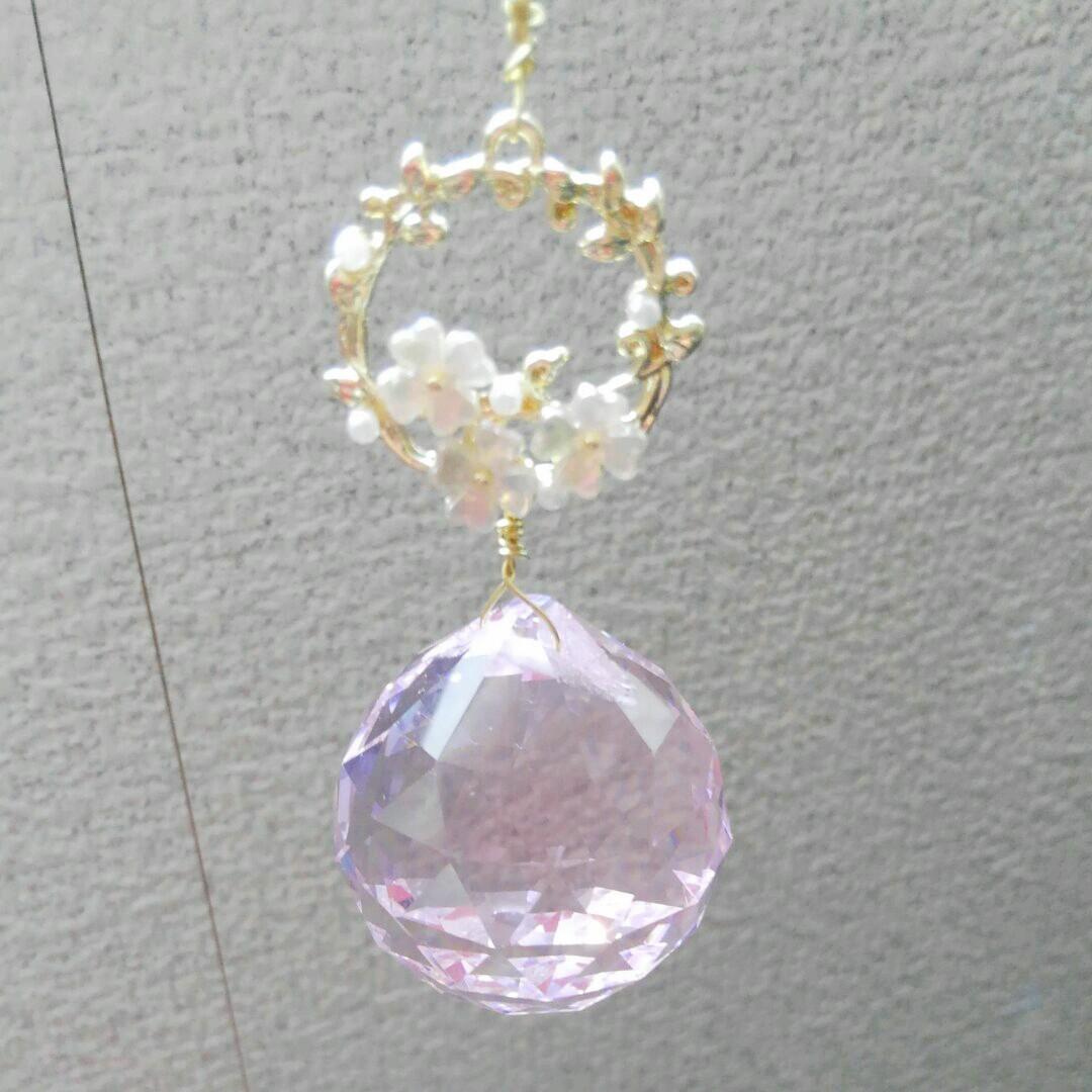 サンキャッチャー♡ハンドメイド「ピンクのステンドグラス♡ネコฅ•ω•ฅ」