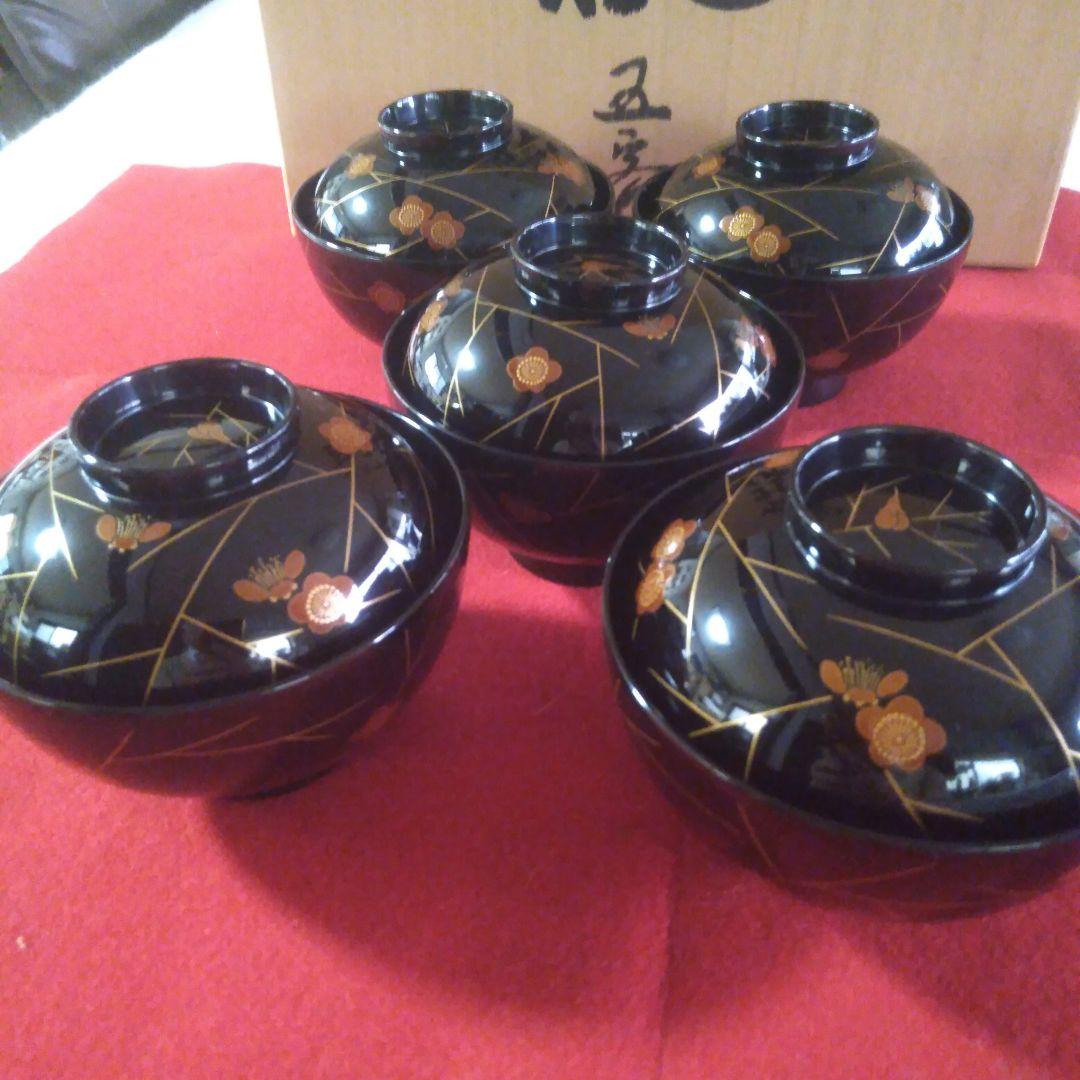 輪島塗　稲忠漆芸製　吸物椀五客未使用品