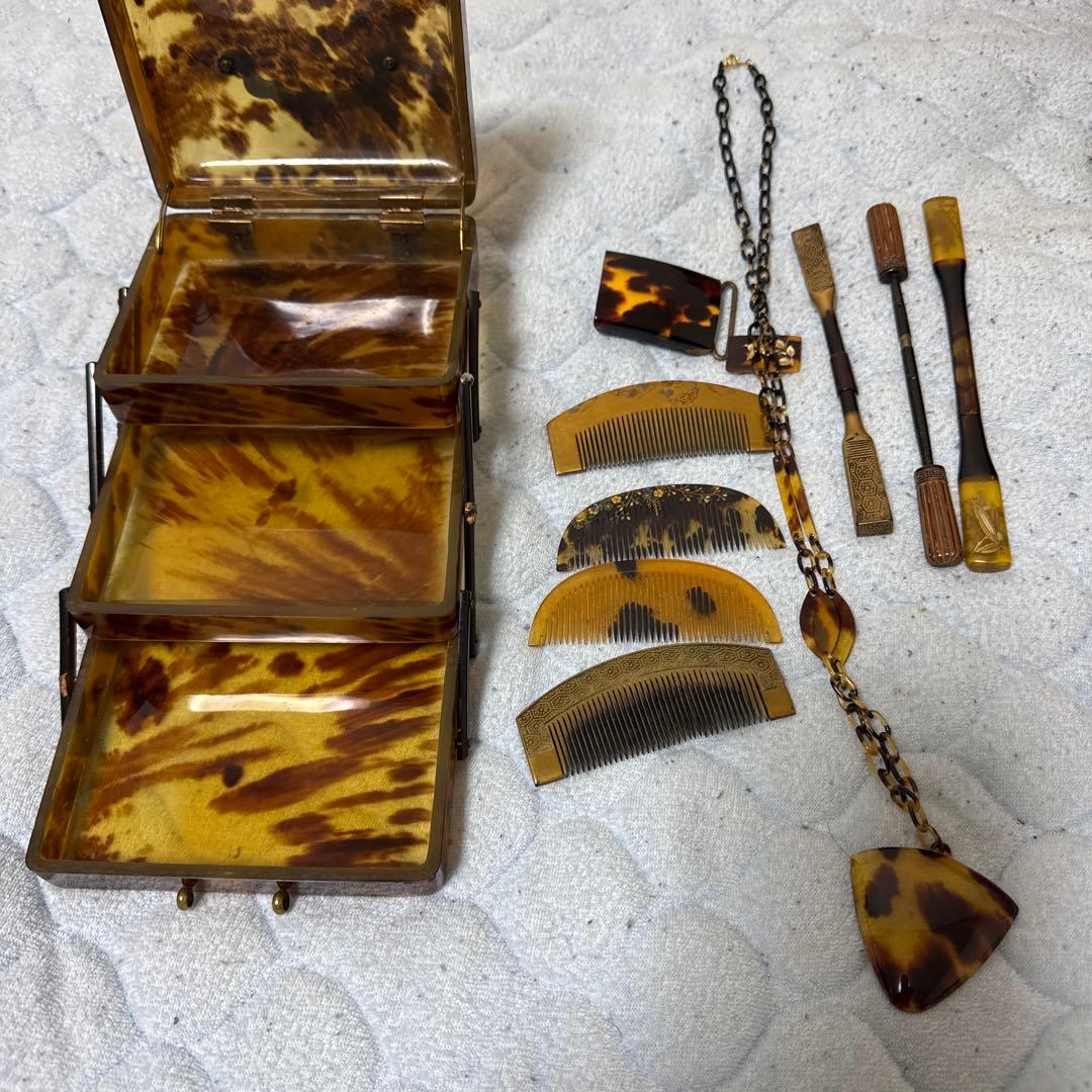 時代物　鼈甲三段箱　簪まとめ