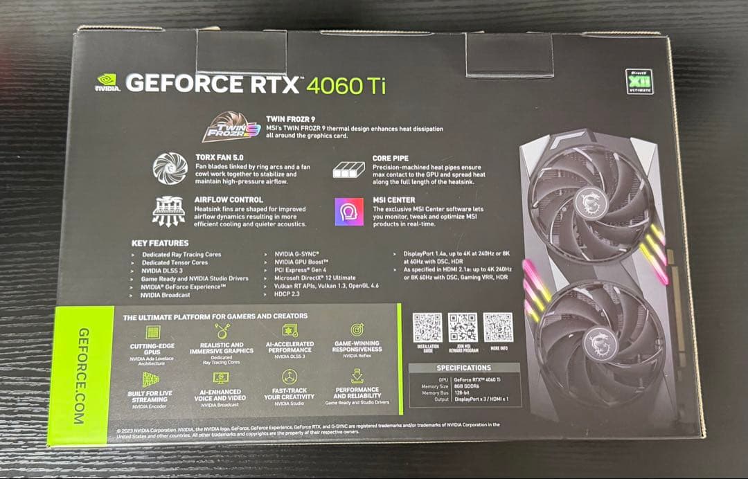 【完動品】MSI GeForce RTX 4060 Ti GAMINGＸ8G