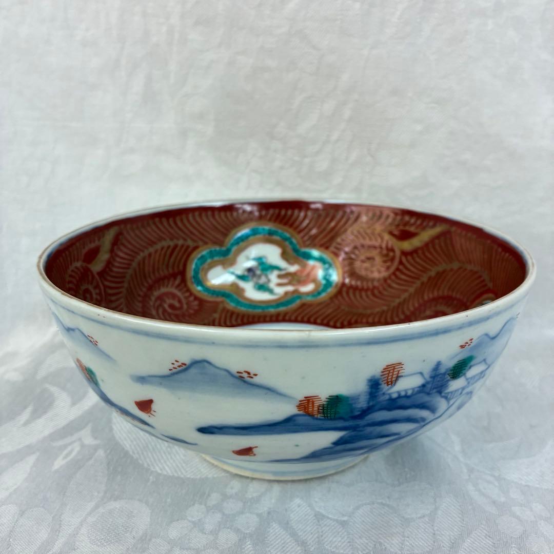 古伊万里 中鉢 赤絵 窓絵龍 山水 金彩 骨董品