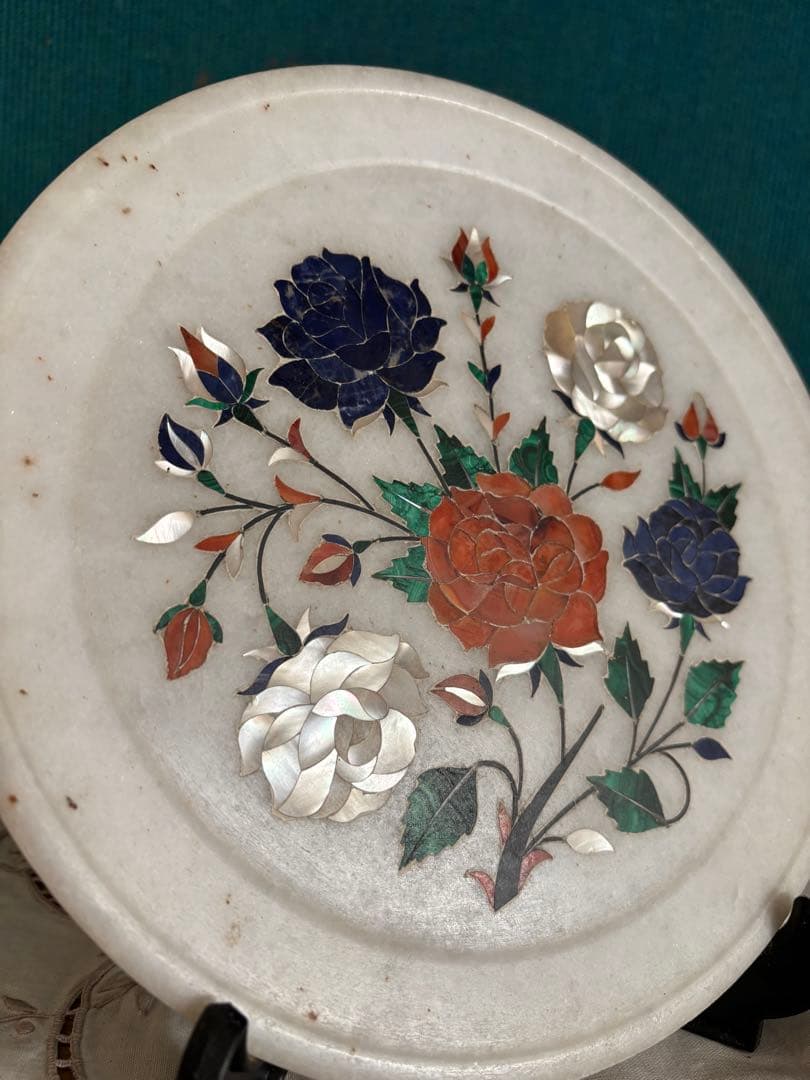 インド工芸品 大理石象嵌細工　飾り皿　花柄　アクセサリー入れ