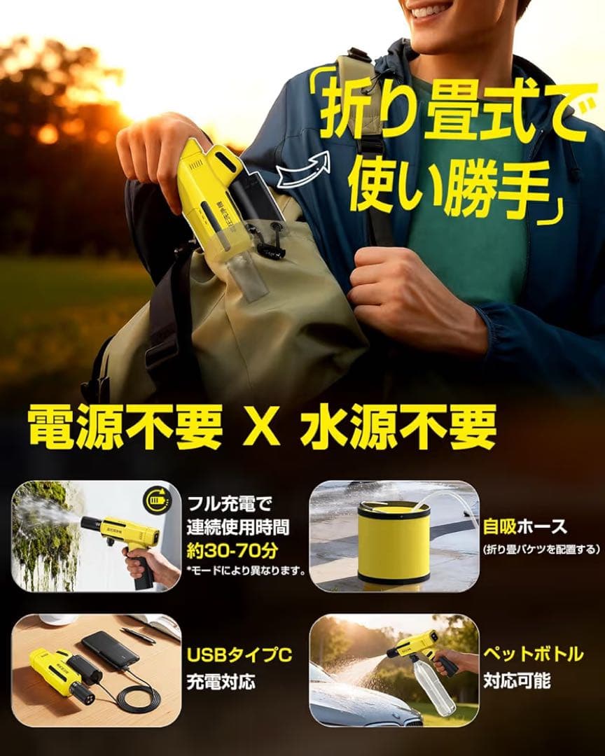 特価⭐️ コードレス高圧洗浄機 充電式 折畳式 洗車店プロ監修・8MPa超強水圧