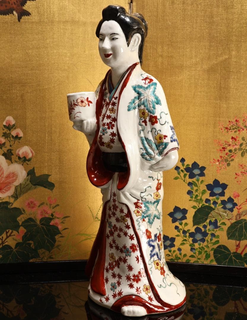 BK527　柿右衛門様式 色絵 陶器人形 元禄人形 美人人形 置物 古伊万里