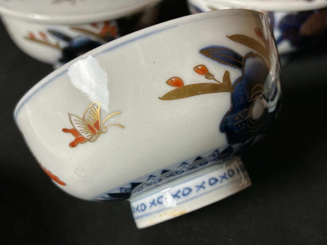 古伊万里 染錦 金彩 花蝶図 蒸茶碗 5客 江戸後期 67