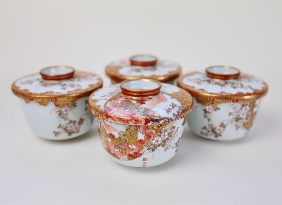 九谷焼 栄喜堂 赤絵 金彩 色絵 茶道具 九谷 和食器 茶碗４個　器　6-5