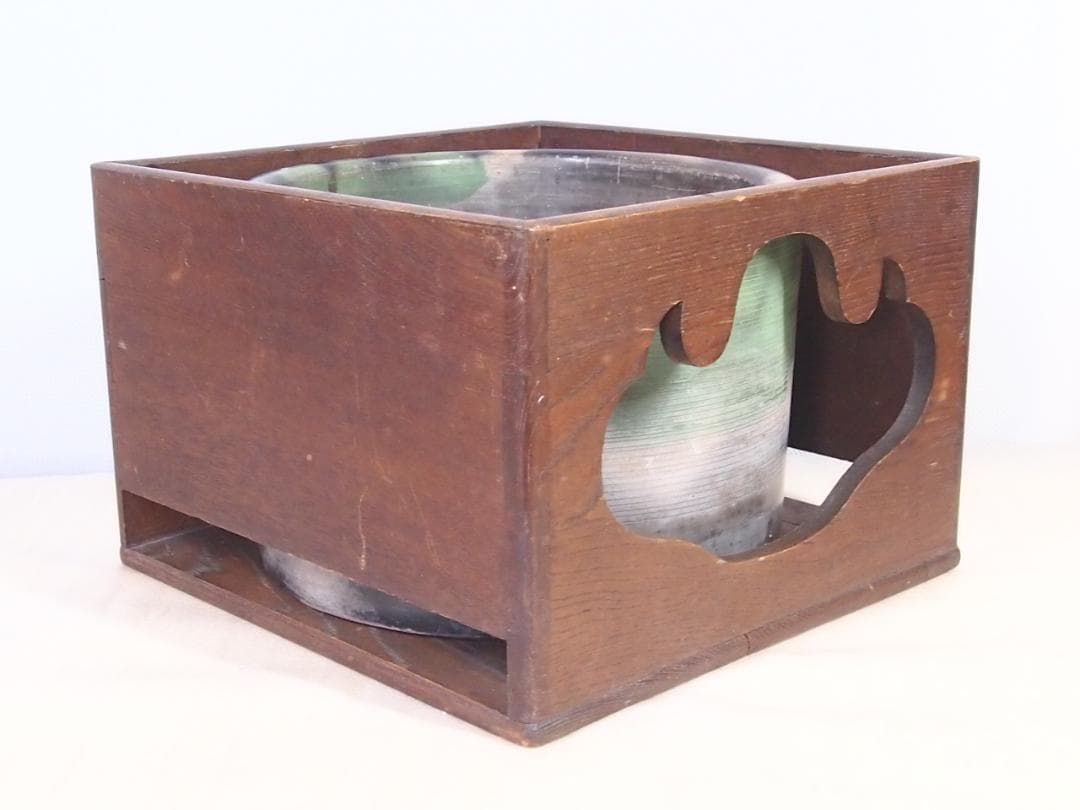 【骨董・良品】大平造 欅枠入り陶器火鉢 煙草盆/莨盆 昭和レトロ/アンティーク