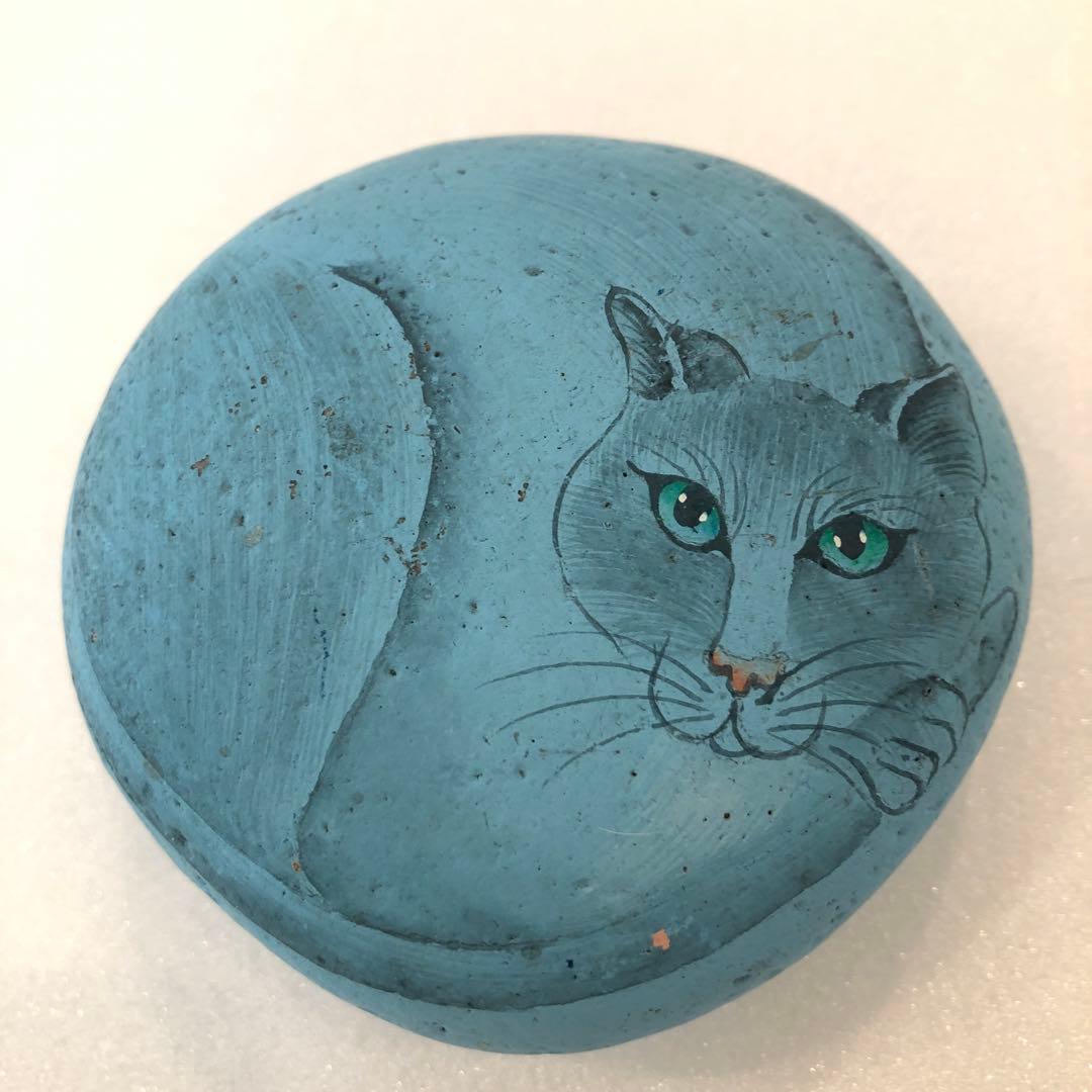 ストーンアート アーティスト 猫石 手描きイラスト ターコイズブルー 1点物