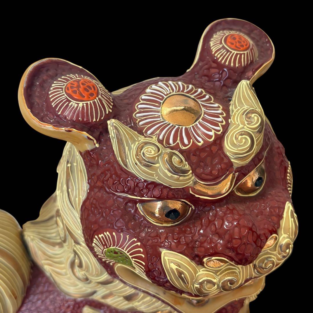 美品 高さ約31 九谷焼 八幡窯 落款 玉乗り獅子 一対 左乗り