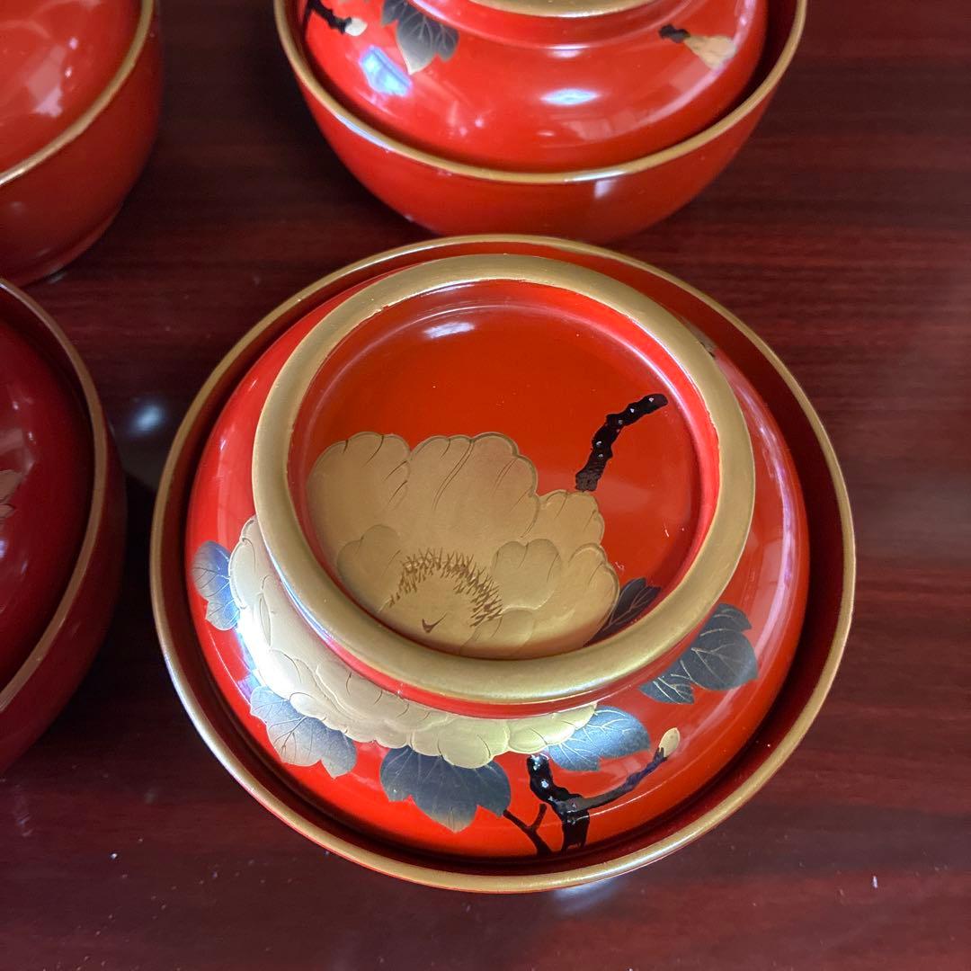 昭和初期 煮物椀 蓋付き椀 4客セット 木製漆器 朱塗り 金牡丹柄