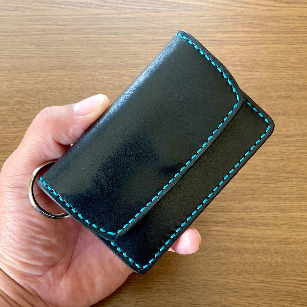 本革総手縫い ミニ財布 栃木レザー マルチケース 黒 キーリング スマートキー