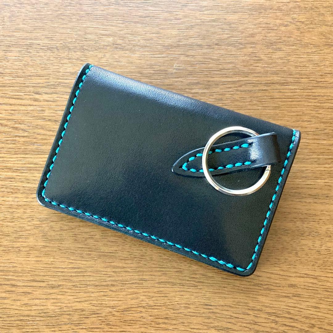 本革総手縫い ミニ財布 栃木レザー マルチケース 黒 キーリング スマートキー