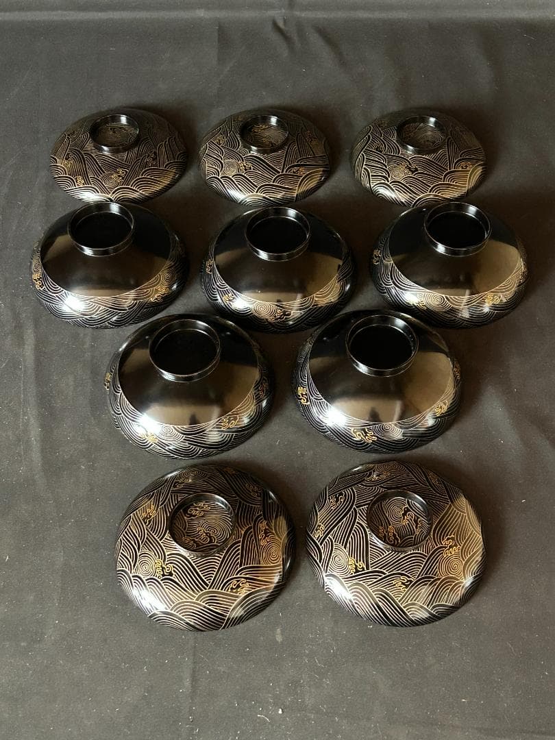 輪島塗 金銀蒔絵 千鳥波文 黒塗 吸物椀 5客 茶懐石道具 971