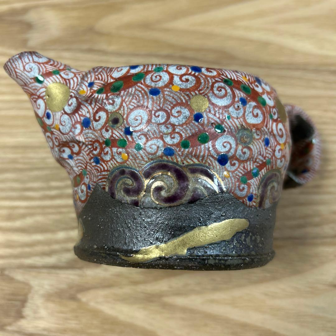 希少　作家　人気陶芸作家　苧坂恒治作　渦赤絵　総手描き　取手付き片口　1点もの