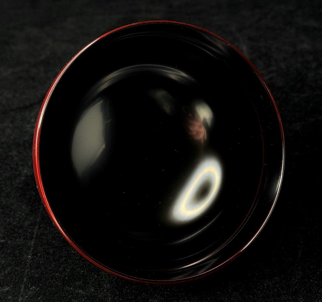 未使用！　山中漆器　五代目 喜八　溜内黒波紋彫　蓋付吸物椀　5客揃え